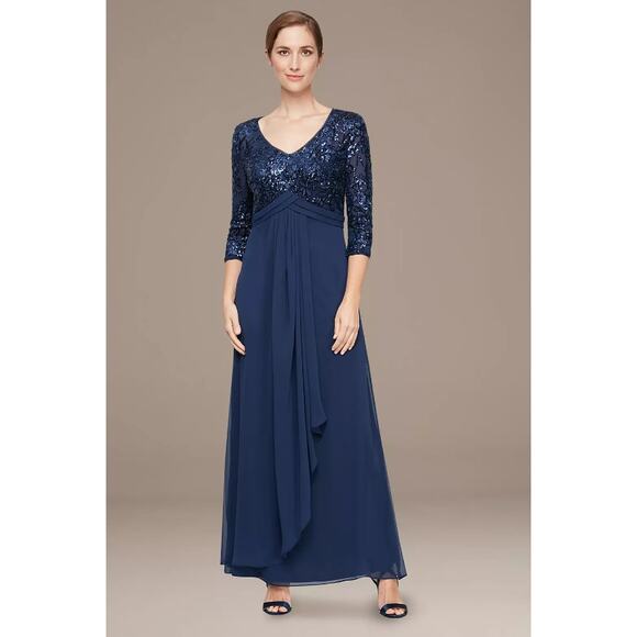 ALEX EVENINGS Sequin Gown Size 12 Navy Blue Cascade Empire-Waist MOB Guest NWT - Picture 1 of 12